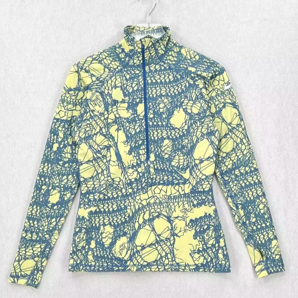 NIKE Pro Dri Fit Half Zip Pullover Top Women Yellow Blue Hyperwarm Long Sleeve M